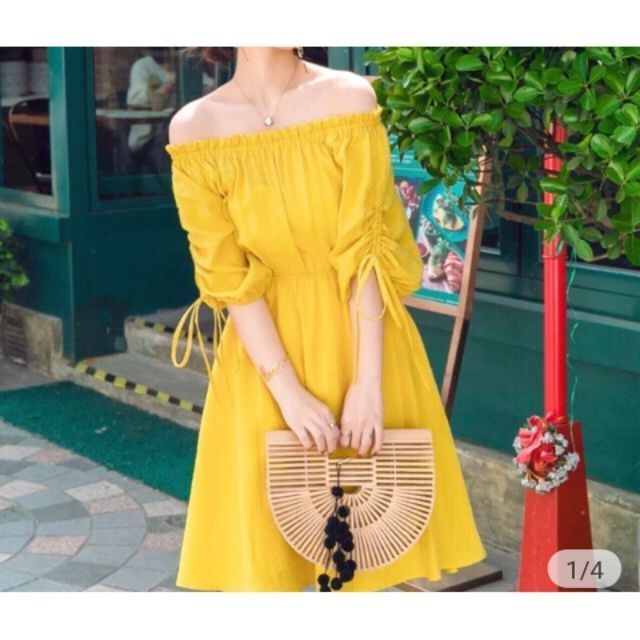 Đầm trễ vai dây rút tay siêu xinh _(sẵn ảnh thật )