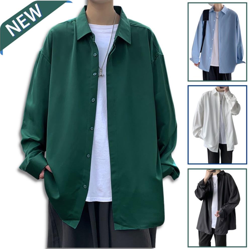 Áo sơ mi nam form rộng Unisex vải lụa chống nhăn 8 màu, thêm màu sơmi xanh lá (SML) Đẹp