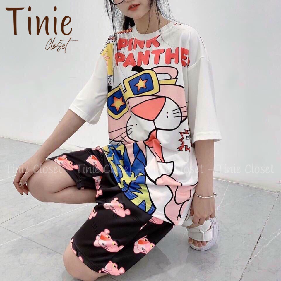 Set đồ bộ hoạt hình nam nữ form rộng Unisex Báo Hồng Tinie Closet, Áo thun+Quần đùi Freesize