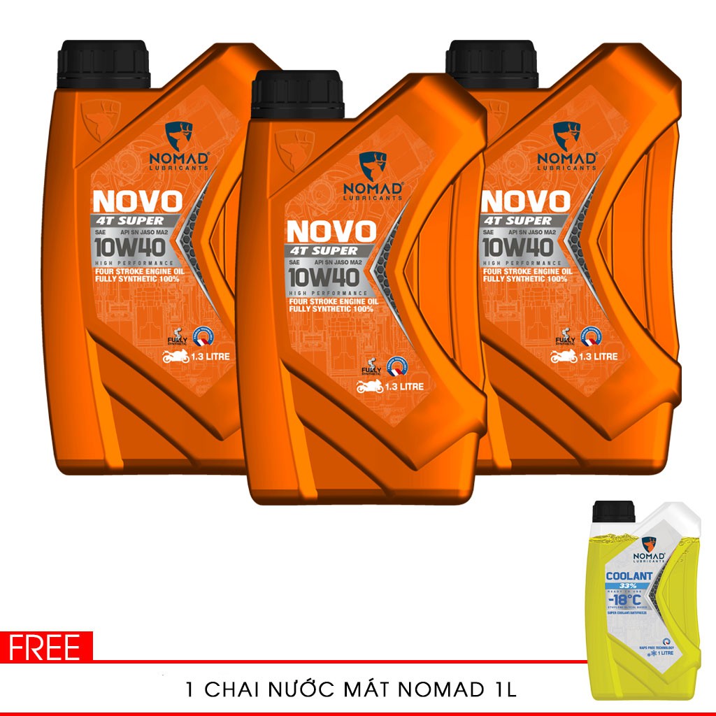 3 CHAI NHỚT NOMAD 1.3L TỔNG HỢP TOÀN PHẦN 100% SAE 10W40 / SAE 5W40 - API SN - JASO MA2 TẶNG 1 CHAI NƯỚC MÁT 1L PHA SẴN