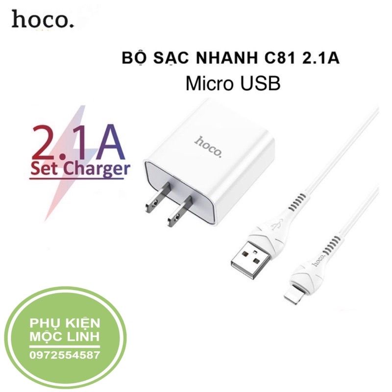 Bộ Củ Cáp Sạc HOCO-C81 ( Tặng Kèm Dây Cáp IP)-Bộ Củ Sạc Nhanh 5V/2.1A-Bảo Hành 1 tháng lỗi 1 đổi 1