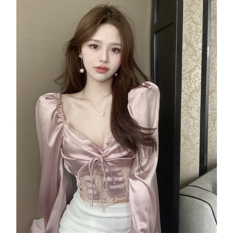 Áo Cổ Vuông Tay Phồng Phối Ren Thời Trang Mùa Hè Dễ Phối Đồ Cho Nữ