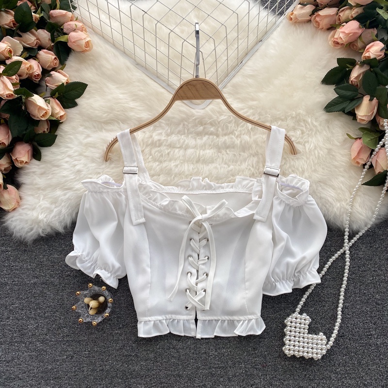 Áo Croptop Tay Phồng Ngắn Dáng Ôm Thời Trang Retro Hàn Quốc Cho Nữ