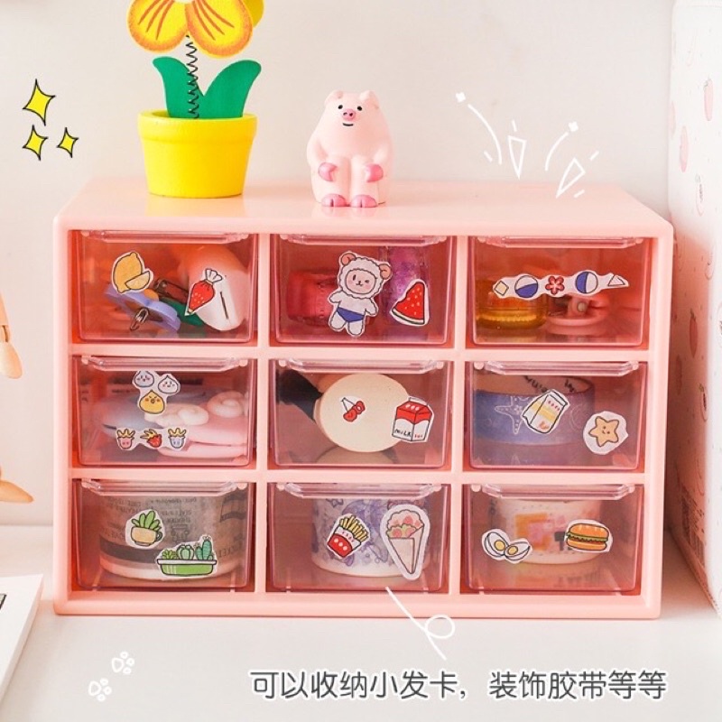 Tủ nhựa mini 9 ngăn đựng trang sức, phụ kiện decor bàn học tặng kèm sticker siêu xinh - Kệ 9 ngăn đựng đồ mini để bàn