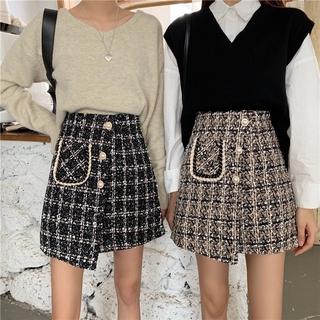 Kii Wii Váy chữ A lưng cao phong cách Hàn Quốc Váy ngắn kẻ sọc thời trang