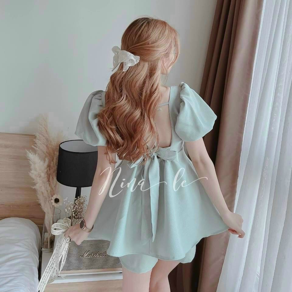Set Đồ Đẹp ⚡𝙎𝙄𝙀̂𝙐 𝙎𝘼𝙇𝙀⚡ Set Bộ Áo Tay Ngắn Cổ Vuông Côt Nơ Lưng Có Mút Ngực Kèm Quần - 75143
