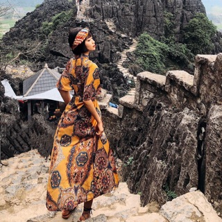 [Hàng sẵn] Váy vàng cổ tàu boho vintage thổ cẩm