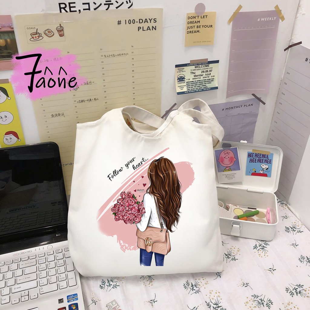 TÚI VẢI QUAI TRÒN CÔ GÁI VÀ HOA CƯỚI CÓ TÚI CON TOTE VẢI CANVAS