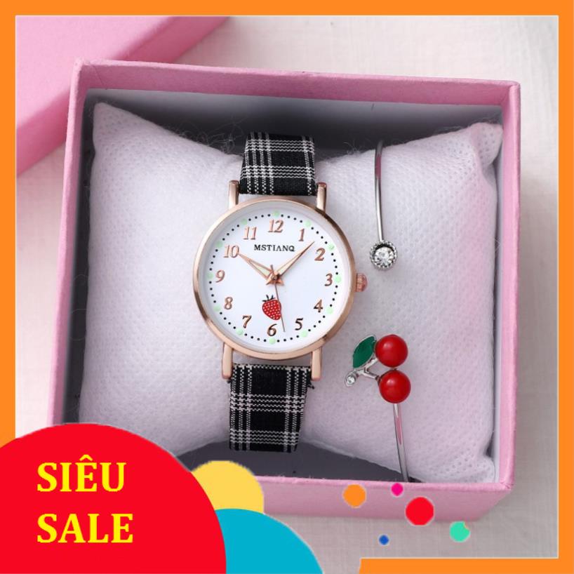 [SALE] Đồng hồ thời trang nữ Mstianq MS31 dây da sọc caro cực đẹp, mặt số dể dàng xem giờ