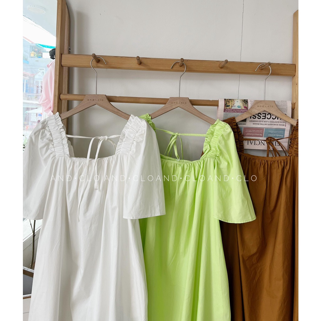 Đầm suông cổ vuông chun vai chất thô Hàn