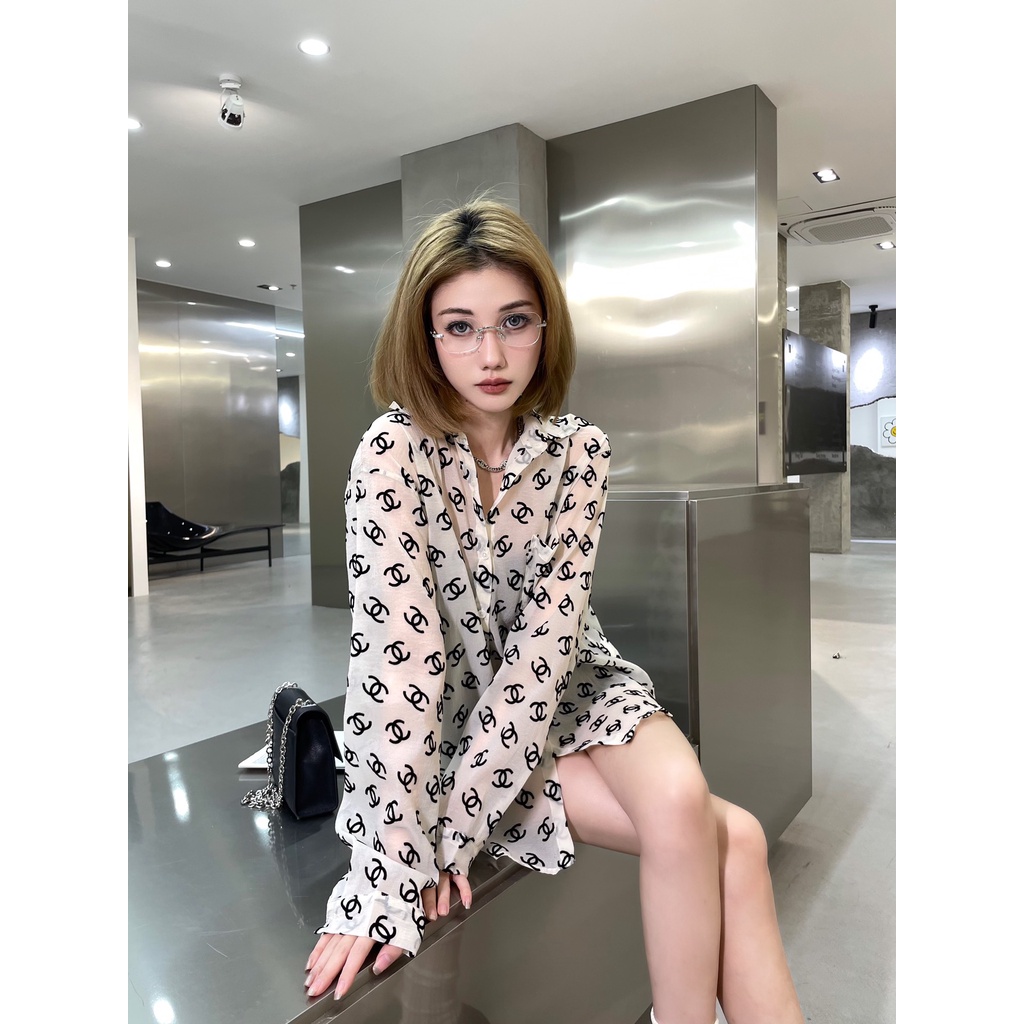 Áo sơ mi nữ xuyên thấu họa tiết Monogram thời trang cao cấp 𝘾𝙝𝙖𝙣𝙚𝙡 𝘾𝙝𝙖𝙣n𝙚𝙡 CN phong cách sexy