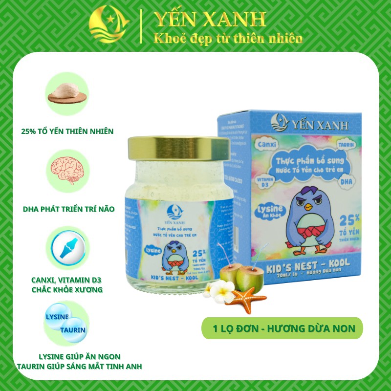 25% tổ yến - Nước tổ yến sào chưng dành cho trẻ em Kid's Nest Kool hương dừa non – YẾN XANH - Hộp 1 lọ x 70ml
