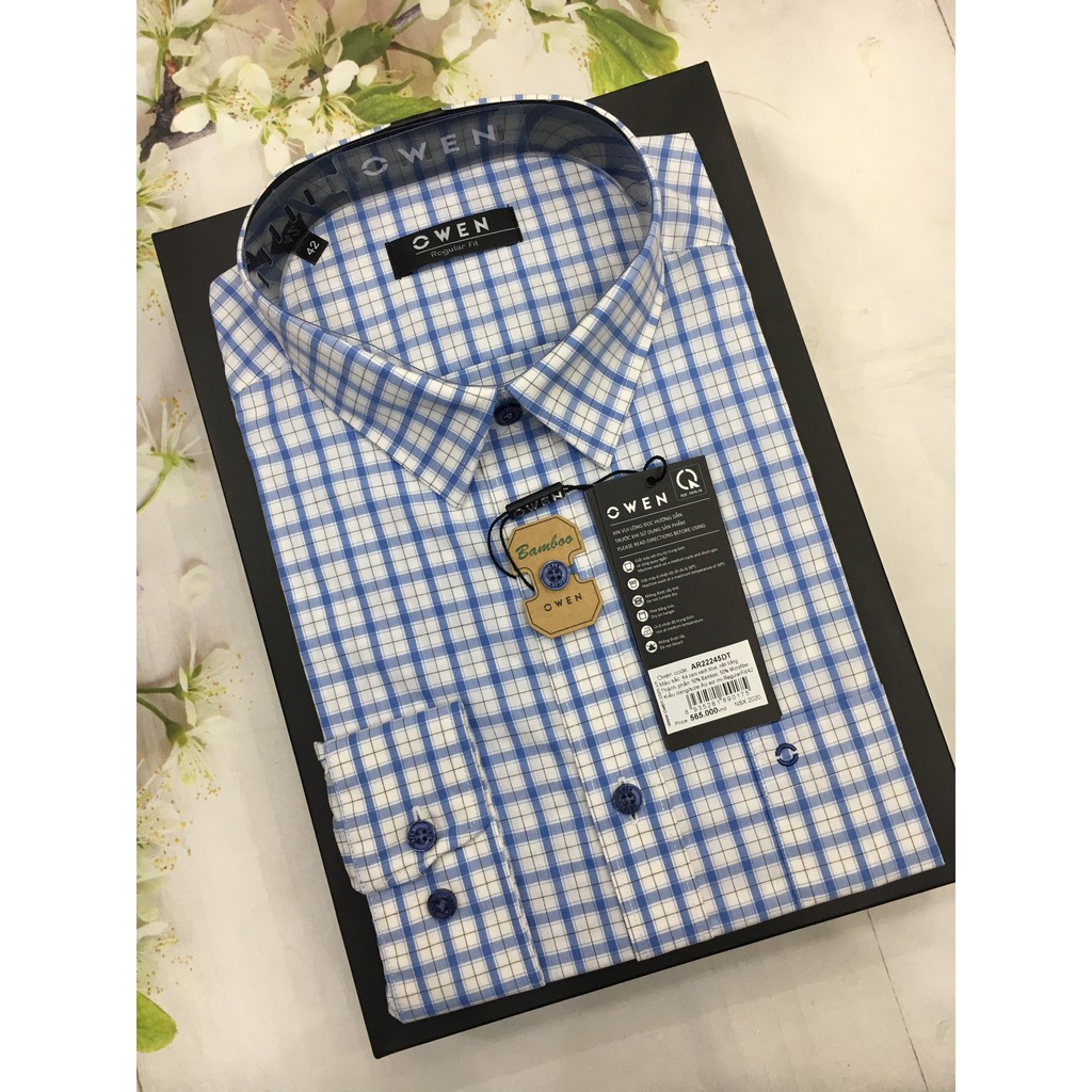 Áo sơ mi nam dài tay OWEN AR22245DT somi công sở vải sợi tre cao cấp màu kẻ caro xanh trắng dáng suông tà lượn có túi