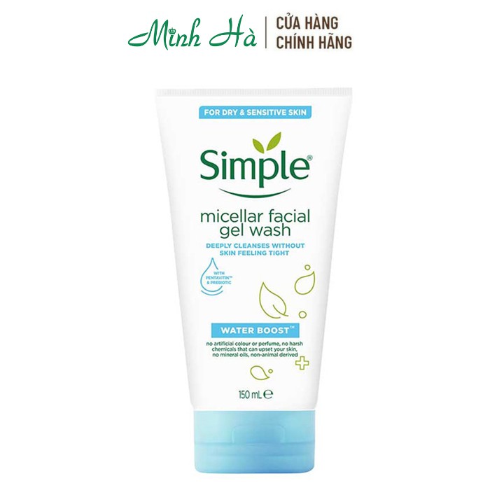 Sữa rửa mặt Simple Water Boost Micellar Facial Gel Wash 150ml rửa sạch sâu dành cho da khô và da nhạy cảm