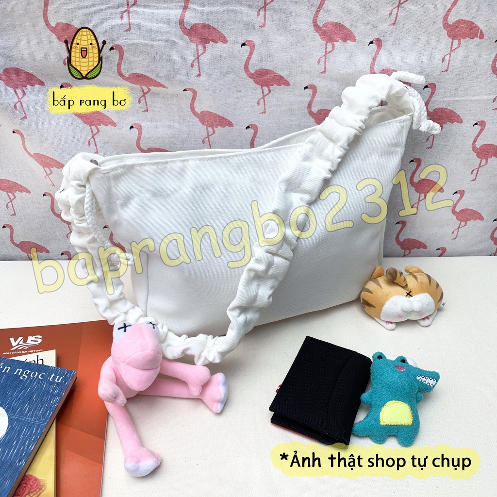 TÚI TOTE ĐEO CHÉO DÂY RÚT [CÓ KHÓA &amp; TÚI CON] - VẢI CANVAS MÀU TRẮNG - ĐEN - PHONG CÁCH ULZZANG