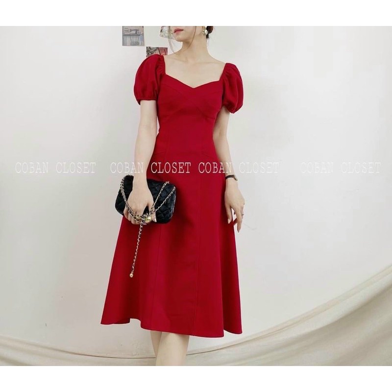 ĐẦM ĐỎ MIDI CỔ V TRẸT