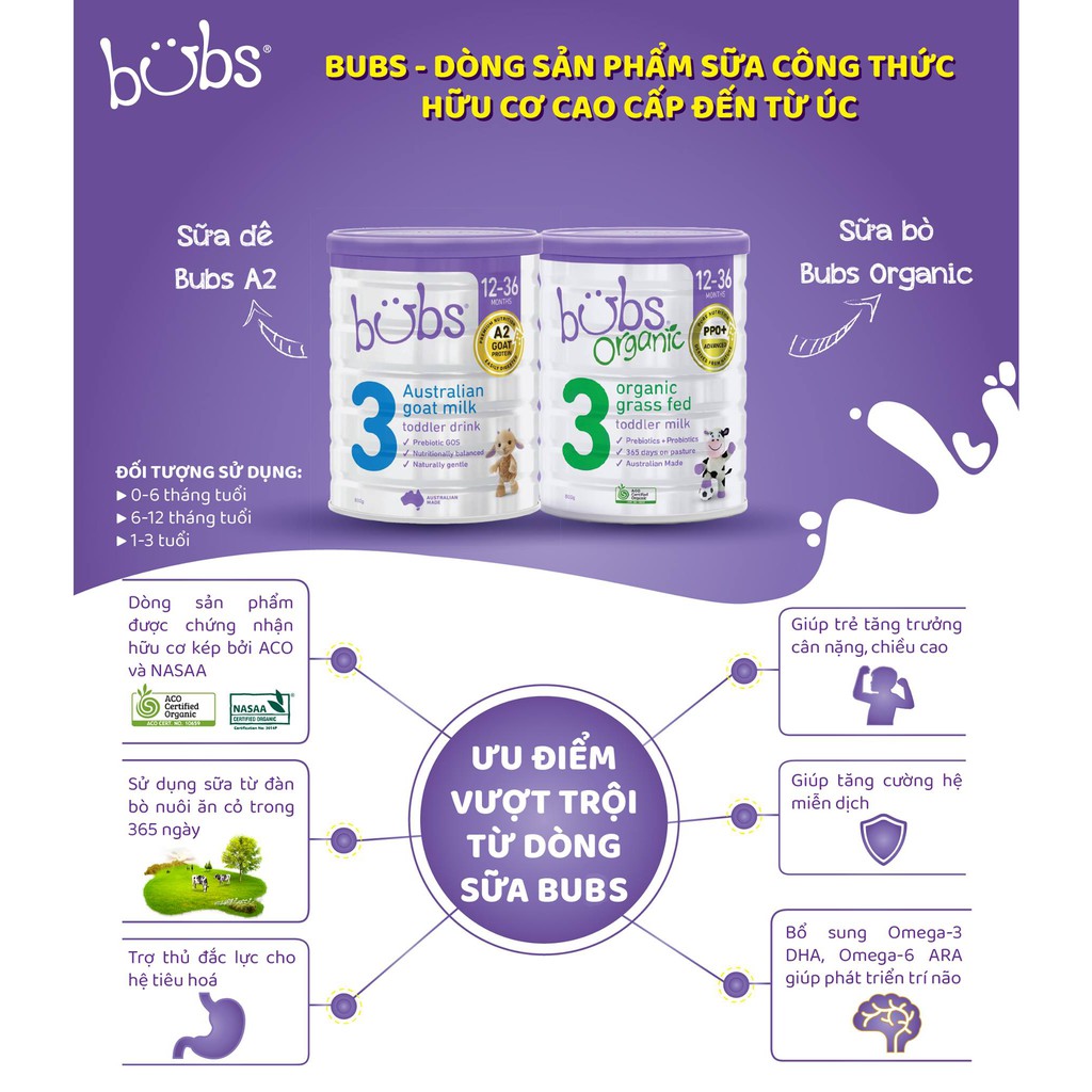 Sữa Bột Bò Hữu Cơ Bubs Organic Số 2 800g