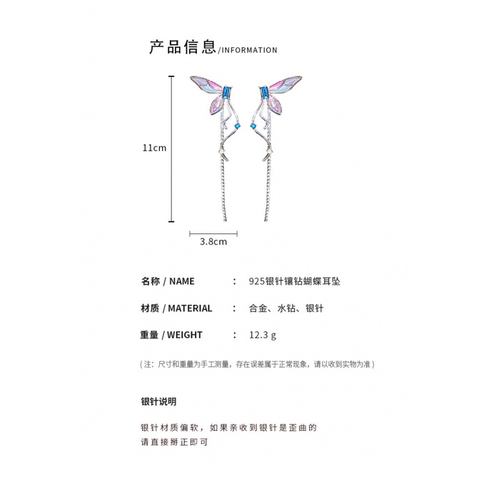 Bông Tai Dáng Dài Đính Đá Hình Bướm Thời Trang Sang Trọng S925