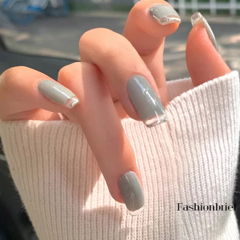 Bộ 24 Móng Tay Giả Kèm Keo Dán Màu Xám Phong Cách Pháp Cho Nữ