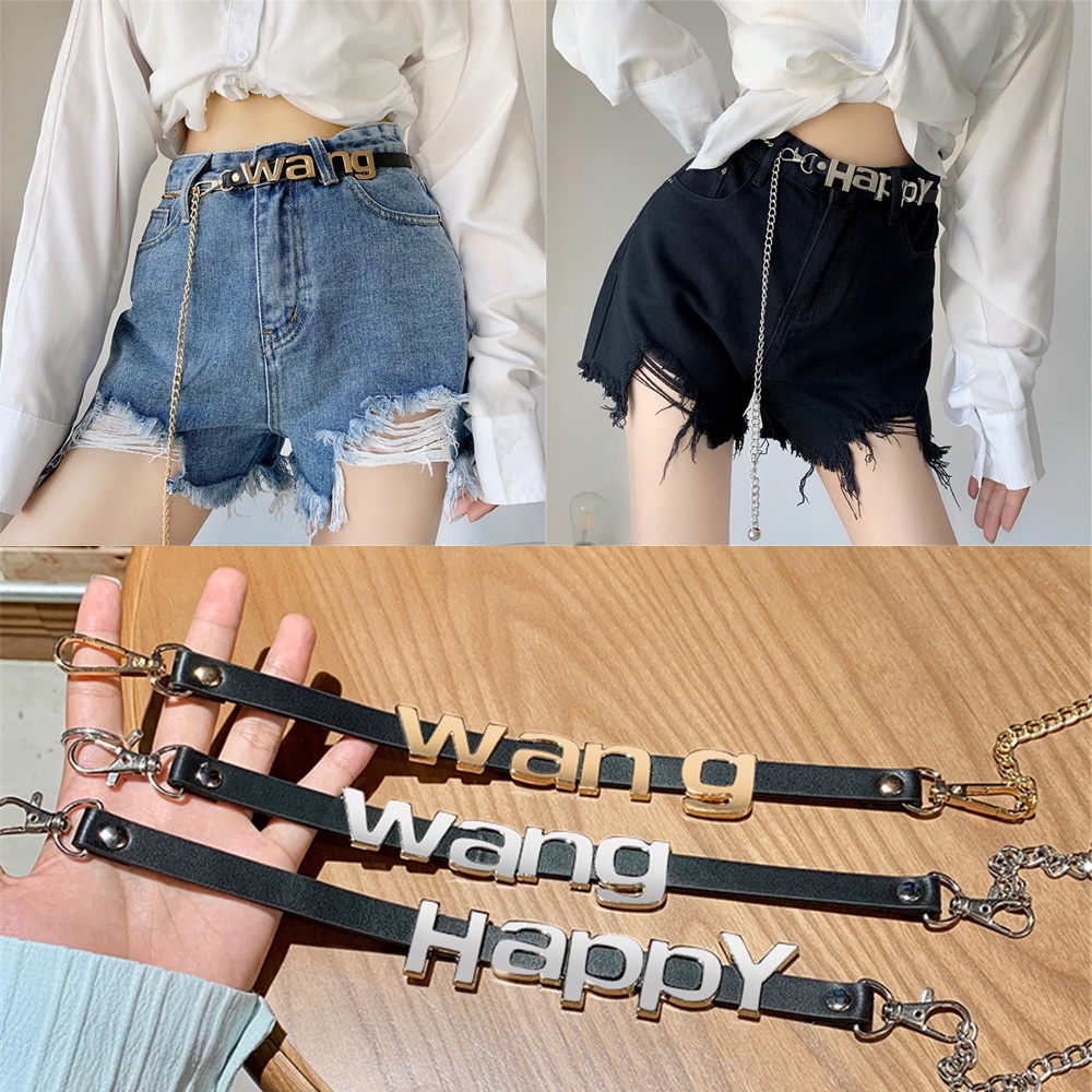 Thắt Lưng Dây Xích Dài In Chữ Wang Ánh Kim Thời Trang Hàn Quốc Cho Nữ