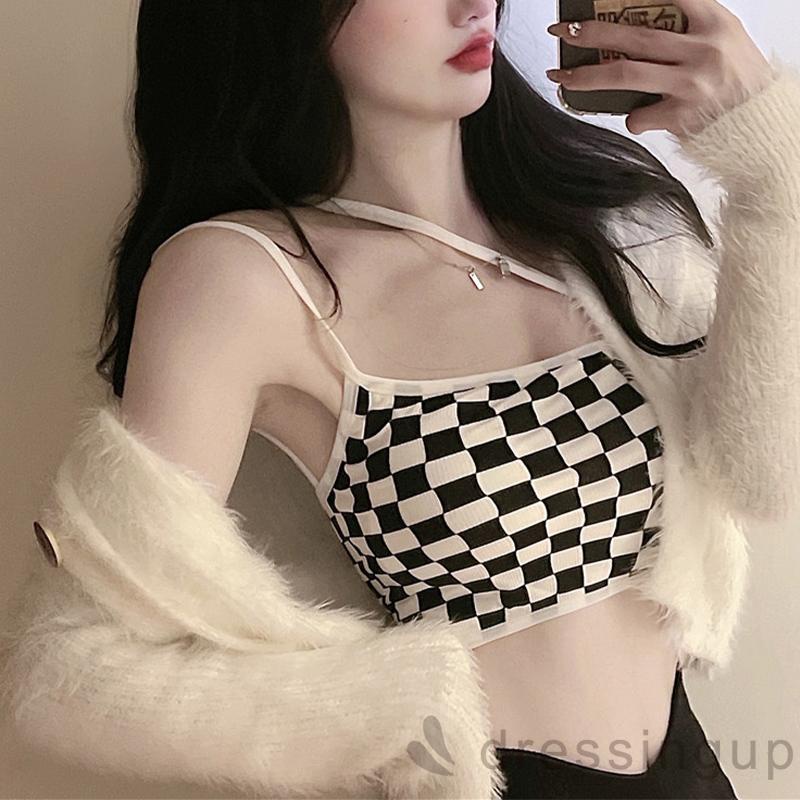 Áo Croptop Hai Dây Họa Tiết Kẻ Sọc Cho Nữ