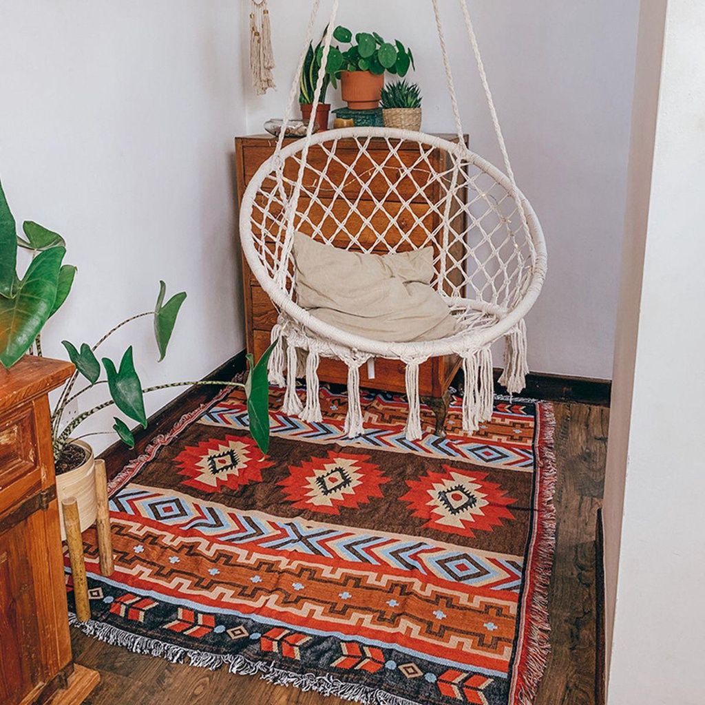 Thảm Trải Sàn Vải Lanh Dệt Phối Tua Rua Trang Trí Kiểu Boho Ấm Áp WMES15H