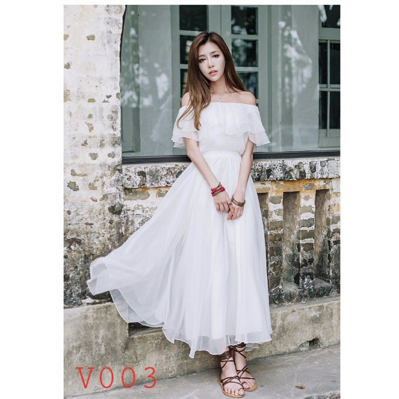 đầm Voan áo trễ vai, free size từ 45 đến 52 ký