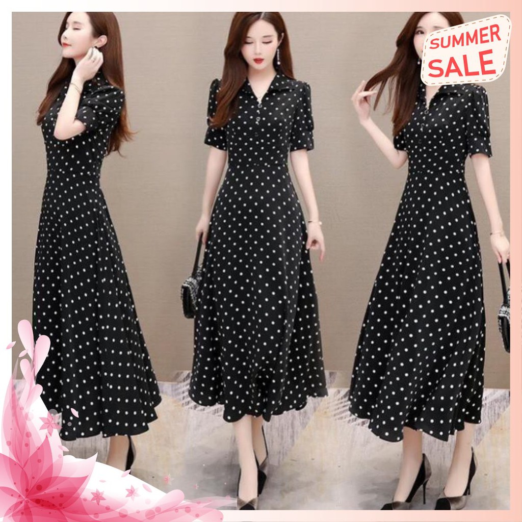 Đầm Dài Chấm Bi Cổ Sơ Mi - Váy Lụa Dạng Maxi Dáng Dài Cao Cấp Thướt Tha Cho Nàng Đi Dạo