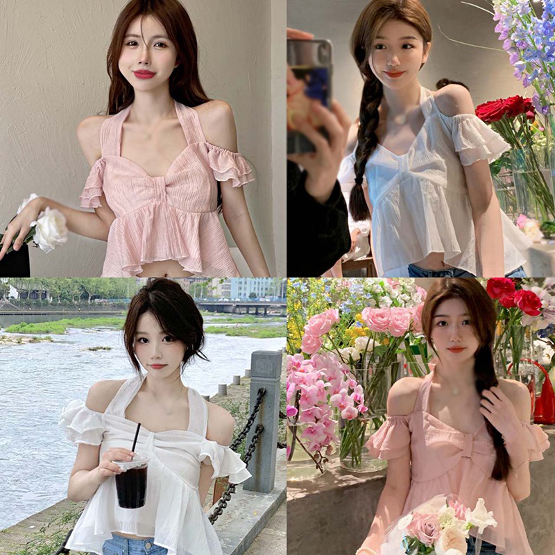 Áo Sơ Mi Tay Ngắn Cổ Yếm Màu Trơn Phong Cách Hàn Quốc Thời Trang Cho Nữ