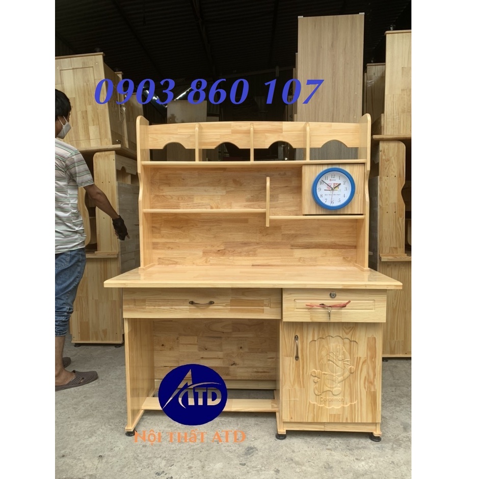 Bàn học gỗ cao cấp tự nhiên có kệ sách rộng 1m2 đồng hồ hcm