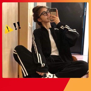 Thời Trang Tuổi Teen -  BỘ THỂ THAO 2 SỌC NỮ HOT - SET ÁO KHOÁC ĐEN QUẦN SỌC BASIC - (Sp sẵn)
