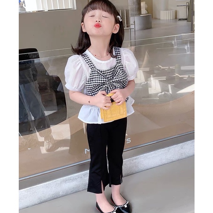 Set Bộ Bé Gái Áo Thô Mềm Hoạ Tiết Phối Nơ + Quần Umi Mềm Mát(8-20kg)
