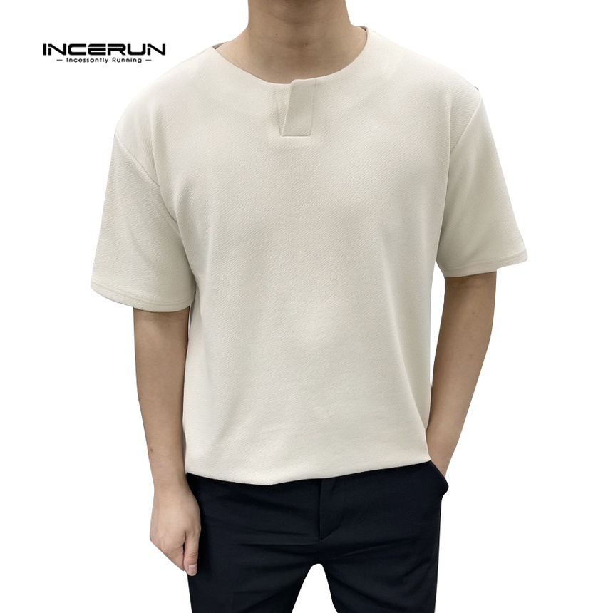 Áo thun INCERUN tay ngắn cổ xẻ chữ V màu sắc đơn giản cho nam