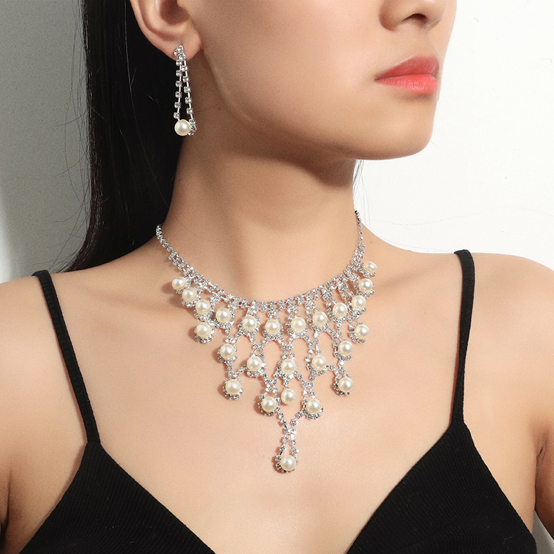 Set Vòng cổ Và Đôi Khuyên Tai Đính Ngọc Trai Thiết Kế Thời Trang