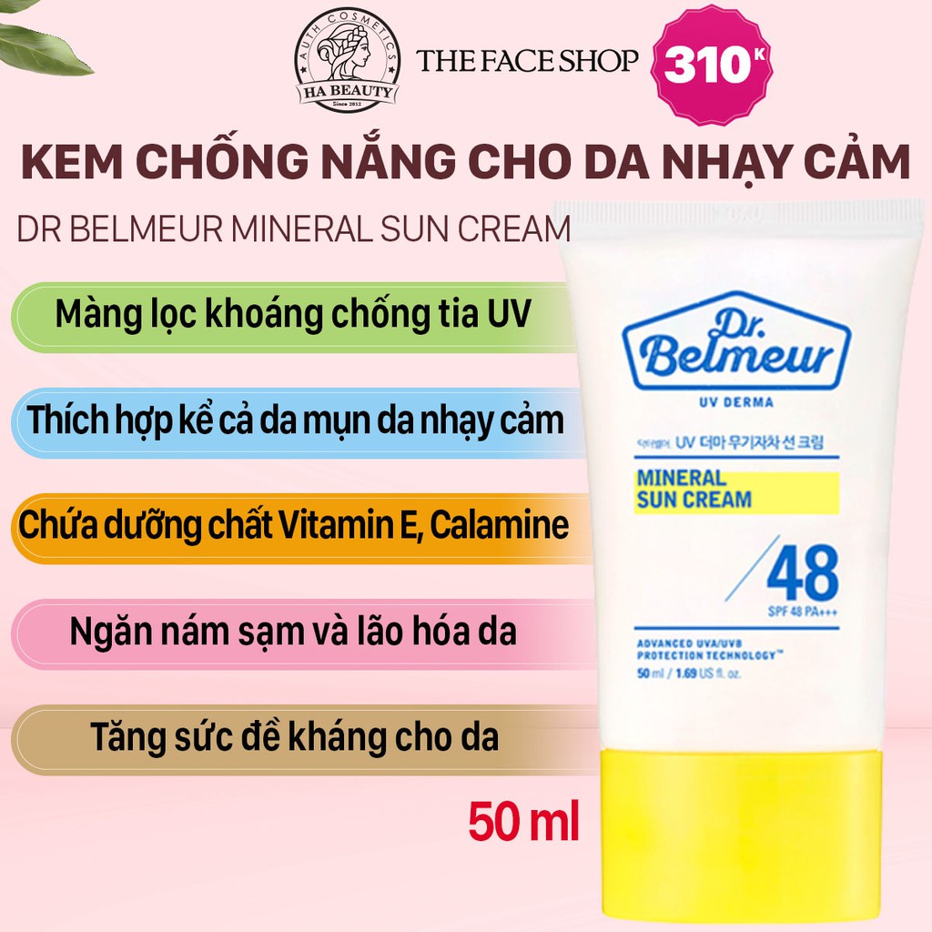 Kem chống nắng dưỡng ẩm cho da mụn nhạy cảm vitamin E The Face Shop Dr Belmeur Mineral Sun Cream SPF48+++ 50ml