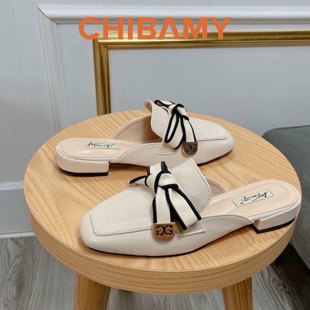 Giày Sục nữ DG mũi vuông CHIBAMY chất da mềm thắt nơ phong cách nhẹ nhàng, sang chảnh đế 2cm