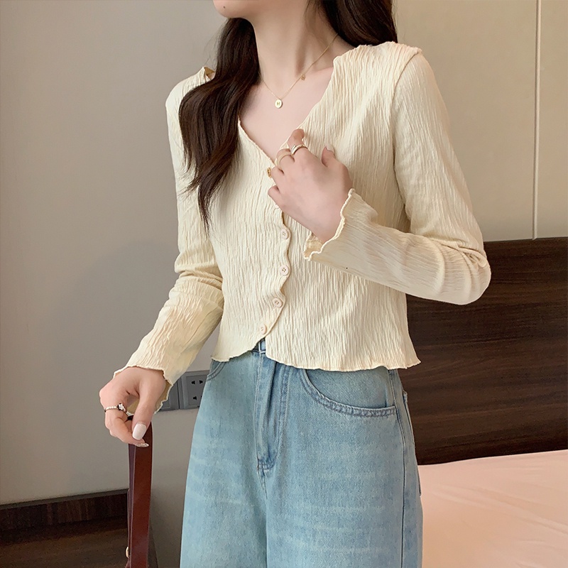 ZHELIHANGFEI Áo Dệt Kim Tay Dài Cổ Chữ V Thiết Kế Độc Đáo Ngọt Ngào