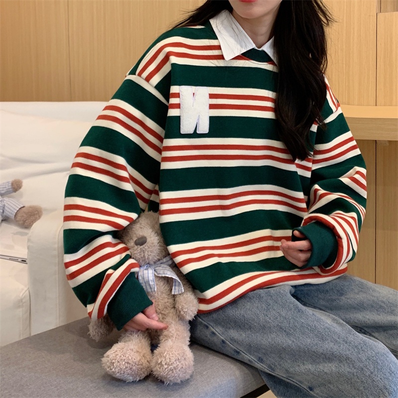 ZHELIHANGFEI Áo Thun POLO Tay Dài Cổ Tròn Họa Tiết Kẻ Sọc Thời Trang Dễ Phối Đồ Cho Nữ