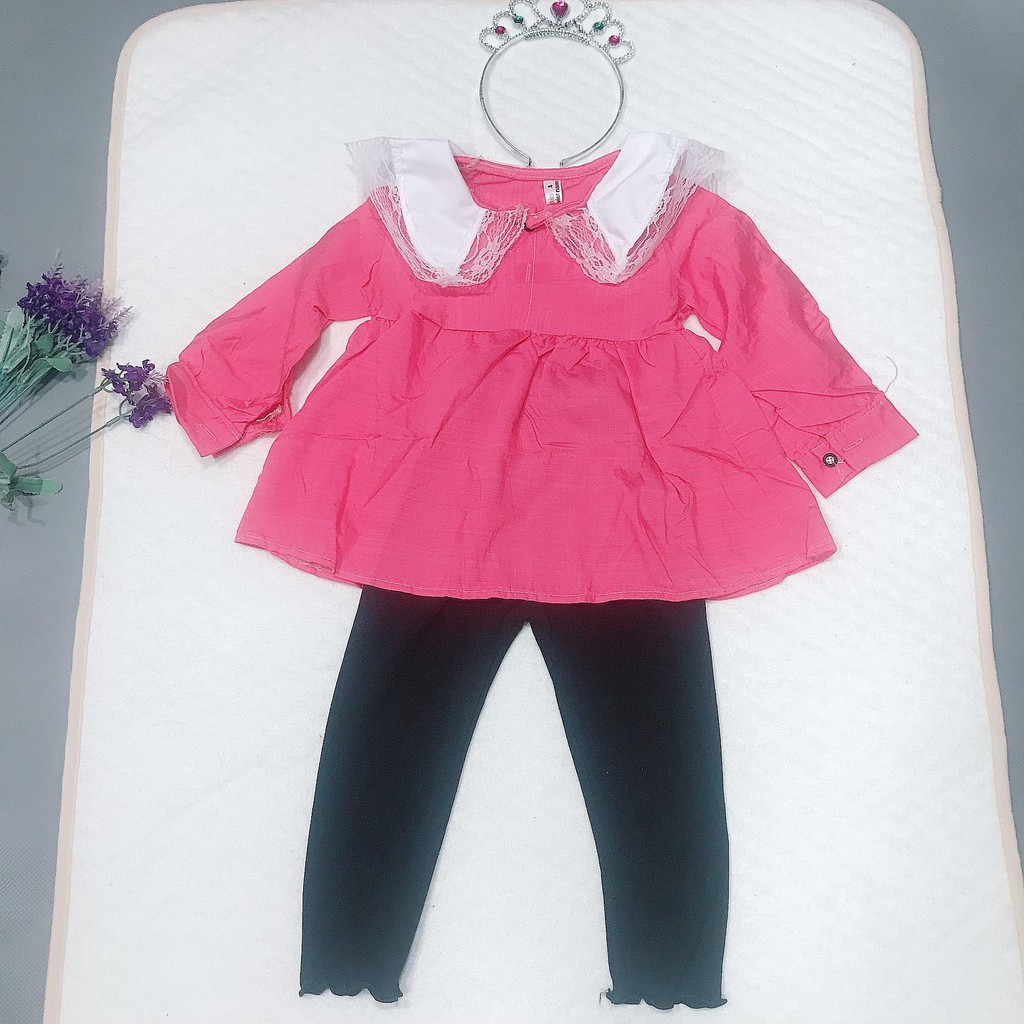 Bộ Quần Áo Dài Tay Bé Gái Chuột Lắc Store Kiểu Babaydoll Áo Đũi Cổ Phối Ren Và Quần Thun Ôm 8Kg Đến 22Kg(Màu Hồng)