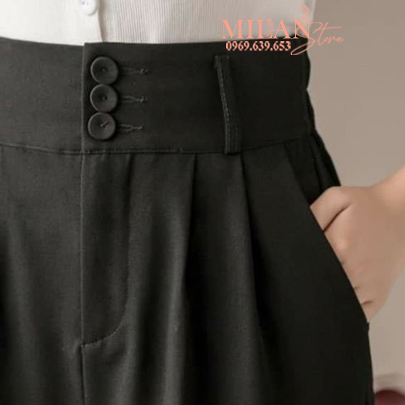 Quần baggy cạp cao công sở 3 cúc nữ bản to xếp ly có đai - Màu Đen Kem - Vải tuyết mưa dày - Mặc đi làm học sinh đi học