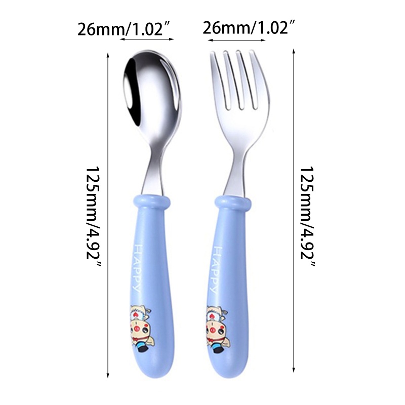 Bộ 2 Muỗng Nĩa Bằng Thép Không Gỉ In Hoạt Hình Dành Cho Trẻ Sơ Sinh