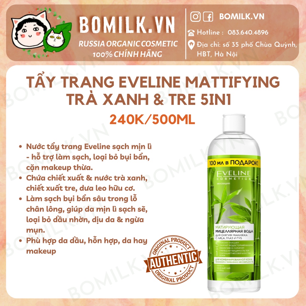 Nước tẩy trang Eveline Trà Xanh và tre / Green tea &amp; Bamboo 5in1- làm sạch sâu, detox da