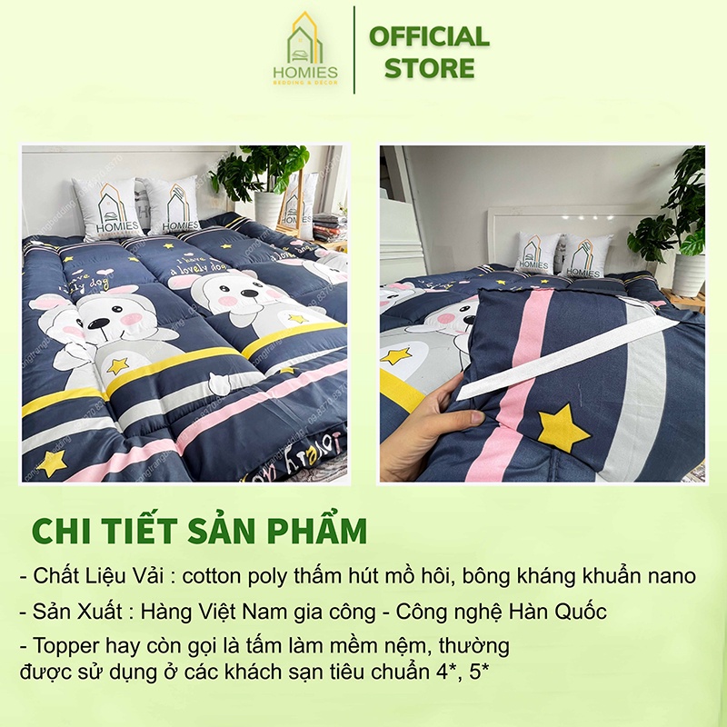 KÈM TÚI XÁCH - Nệm Topper  HOMIES Bedding & Décor Tấm làm mềm đệm cotton Đũi Hàn Quốct - Có Chun 4 Góc Cố Định Đệm