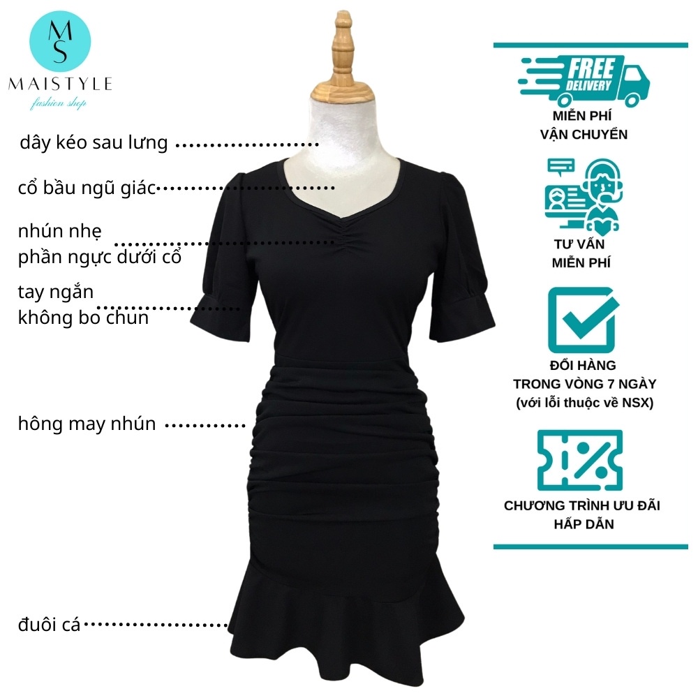Váy MAISTYLE Đầm ôm body sexy dự tiệc cổ vuông công sở đen tay phồng thiết kế sang chảnh nhún eo cá tính thun MY1101 | BigBuy360 - bigbuy360.vn