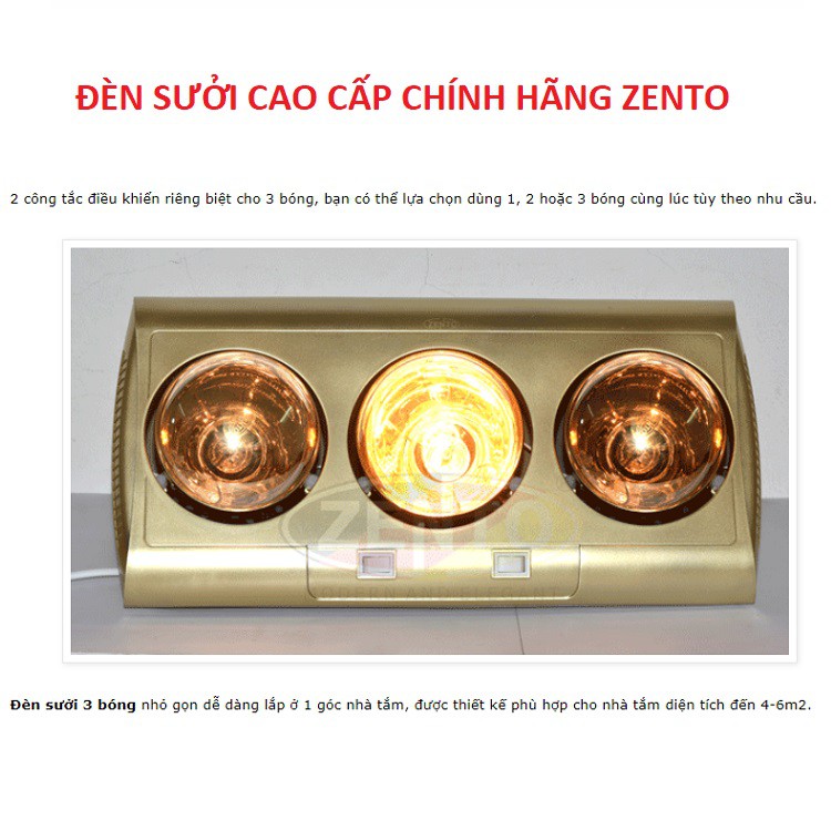 Đèn Sưởi Nhà Tắm 2 Bóng Zento ZT2-GOLD, Đèn 3 Bóng Làm Ấm Khi Tắm  Zento ZT3-GOLD Chính Hãng - Bảo Hành 24 Tháng