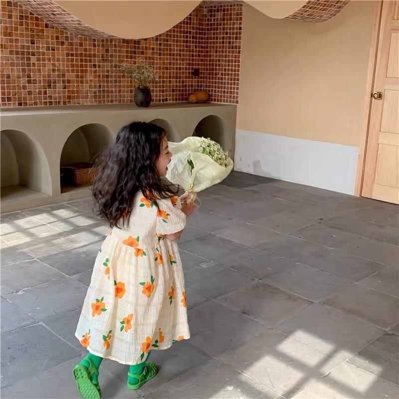 Váy Hoa Cam Tay Bồng Dài tay Chất Đũi Xốp Size 8-20kg Phong Cách Hàn Quốc Cho Bé Gái