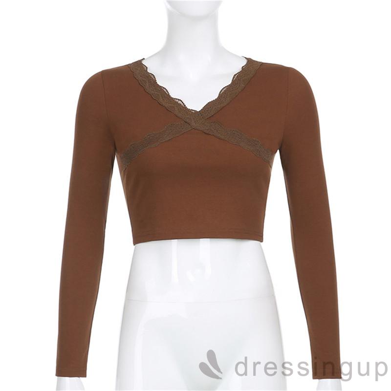 Áo Tay Dài Cổ Chữ V Màu Trơn Cá Tính Cho Nữ