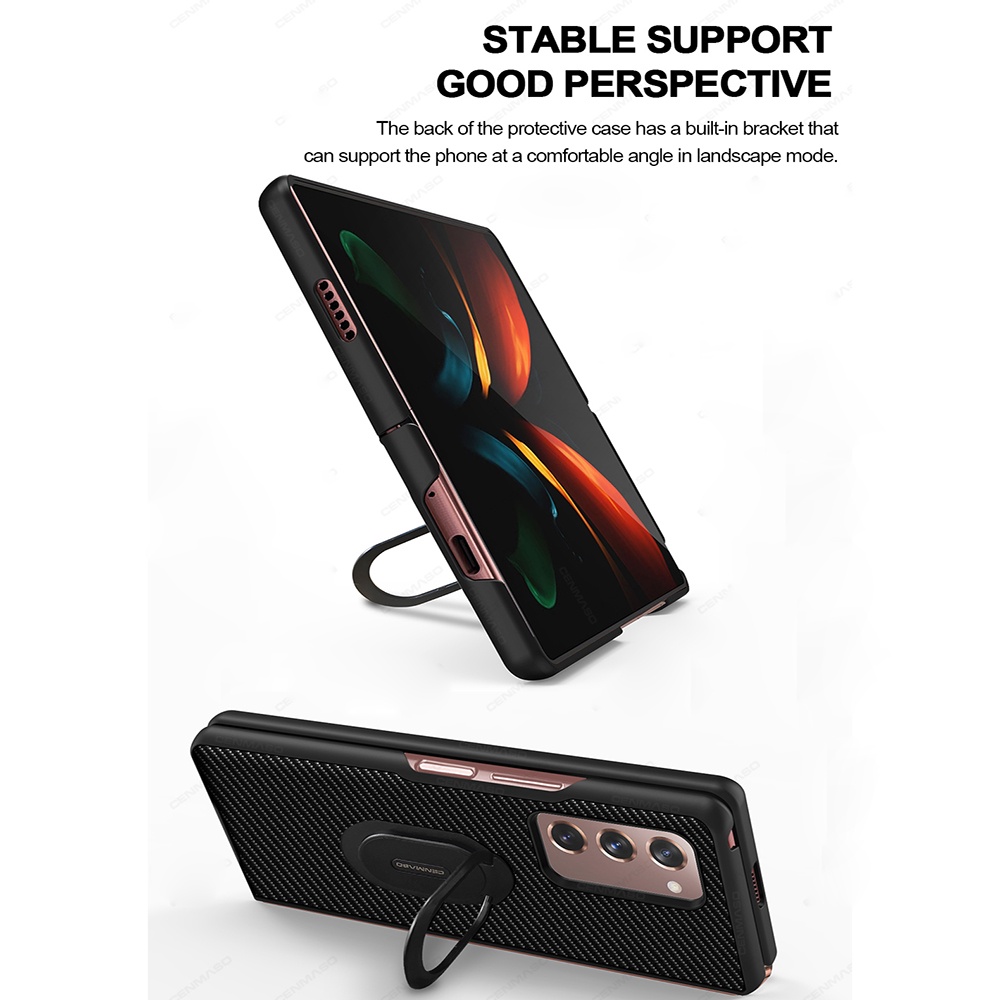 Ốp điện thoại họa tiết sợi carbon có giá đỡ xỏ ngón tay sang trọng cho Samsung Galaxy Z Fold 3