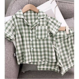 Bộ pjiama đũi caro dành cho bé trai và bé gái, Bộ đũi ngủ cho bé từ 6-27kg