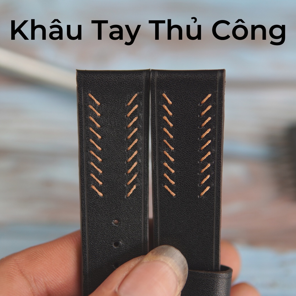 Dây đồng hồ da bò 2 mặt, dây da đồng hồ cao cấp handmade khâu tay thủ công size 18mm, 20mm, 22mm, 24mm